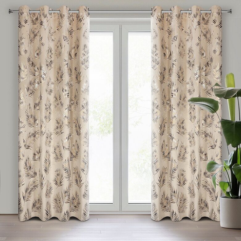 Premium velveta nakts aizkars GLORIA uz riņķiem, 140x250 cm (krēma bēšs ar zeltu)